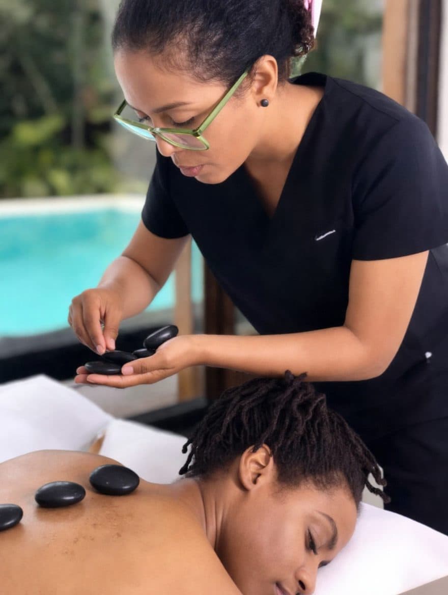 Therapist laying hot stones on a back, pool behind, hot stone massage in Barbados