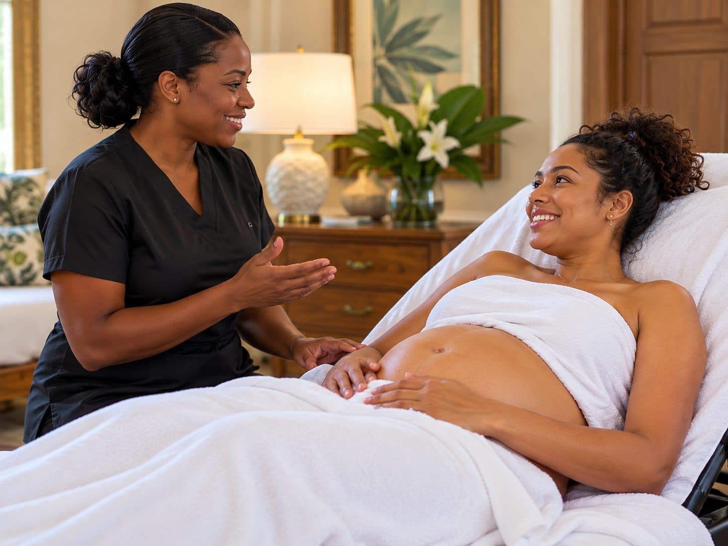 Therapist consulting an expectant mother before prenatal massage, mobile spa in Barbados