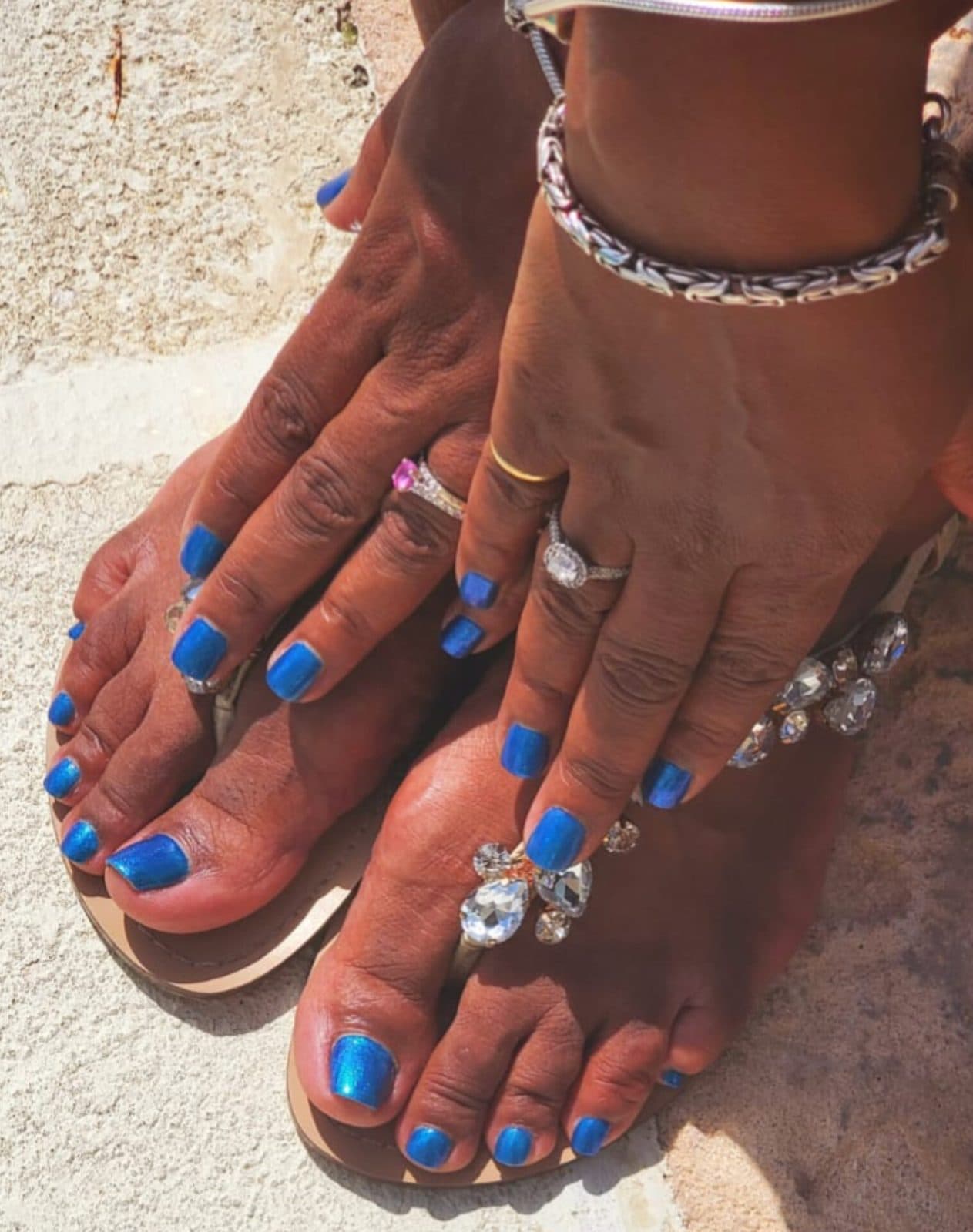 Blue gel manicure and pedicure in jewelled sandals, mobile spa in Barbados