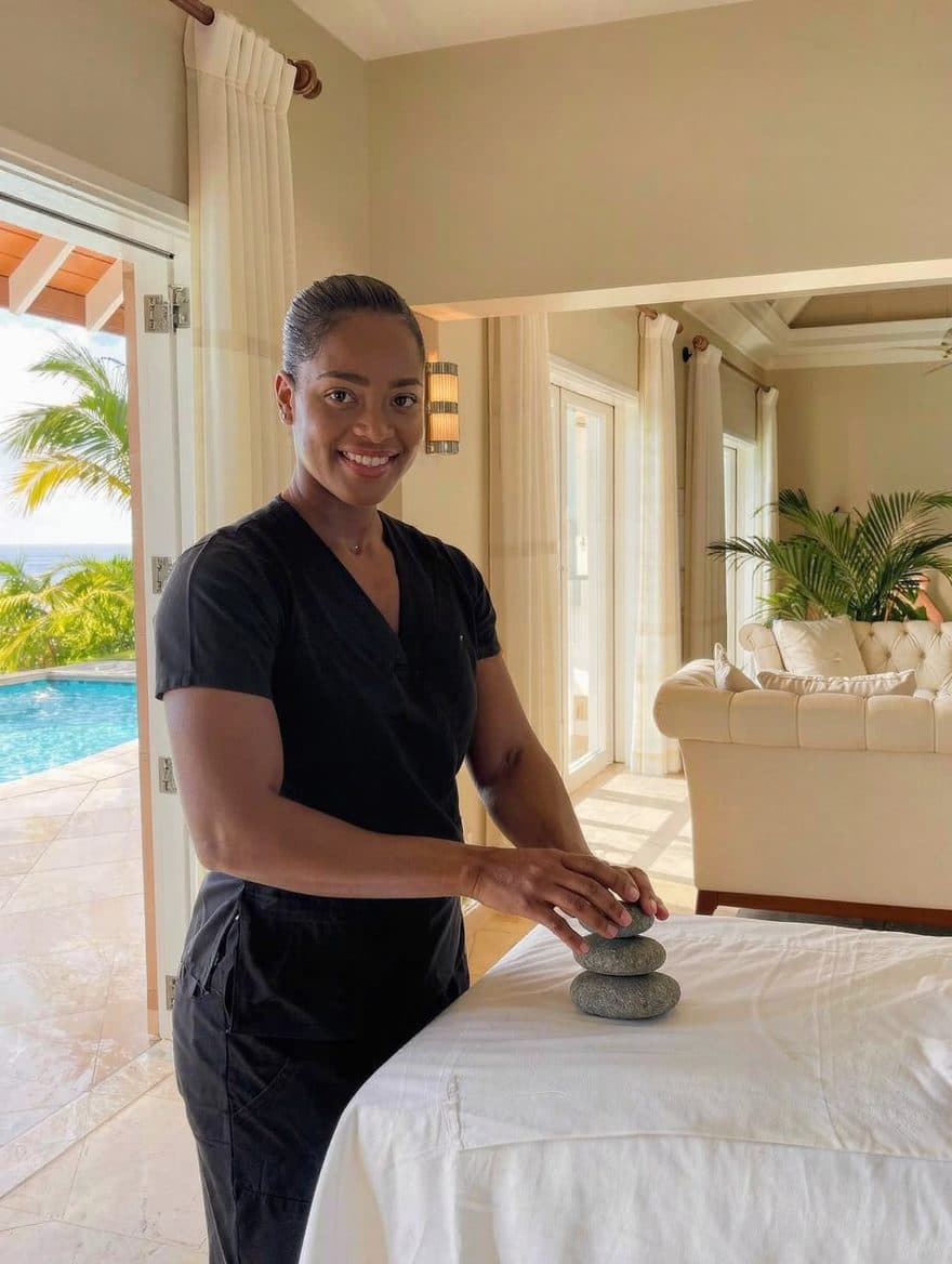 Therapist placing hot stones on a guest's back, hot stone massage in Barbados